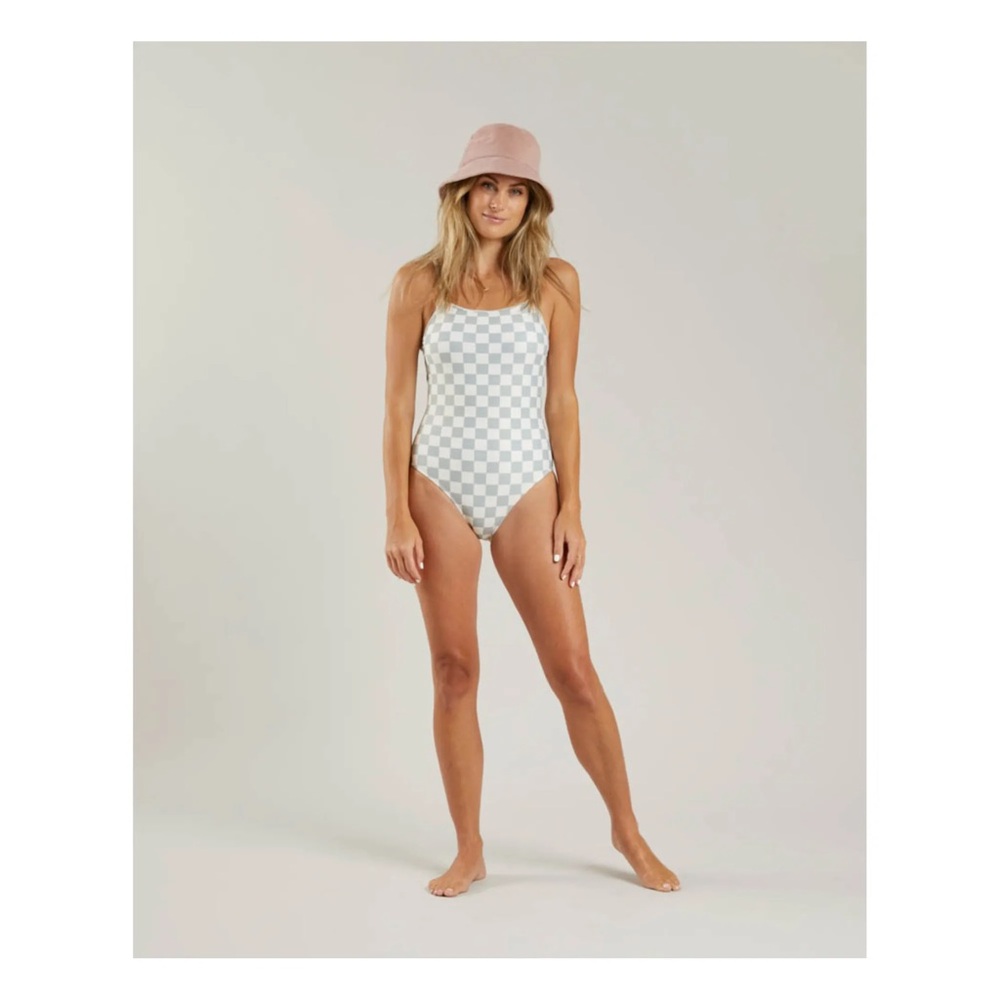Rylee + Cru women’s checked swimsuit in gray blue
